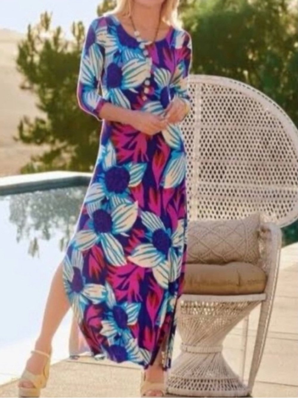 NWT $130 Soft Surroundings Serena Maxi Dress Nazarene Blue Multi Size Large